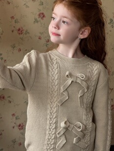 冬季新品 韩版儿童立体蝴蝶结麻花毛衣 女童复古甜美毛衣