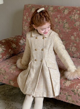 冬季小香千金风收腰大衣 夹棉外套 女童中长款双排扣大衣