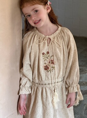 秋季女童棉麻田园风刺绣连衣裙 女童流苏系带十字绣裙子