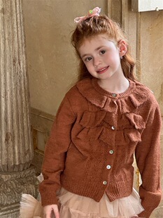 秋季女童荷叶花边开衫毛衣外套 女童法式甜美羊毛针织毛衣