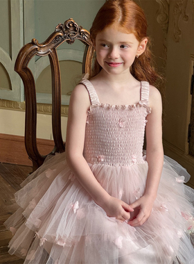 春夏新品儿童女童中小童芭蕾舞立体花朵打揽吊带连衣裙短裙