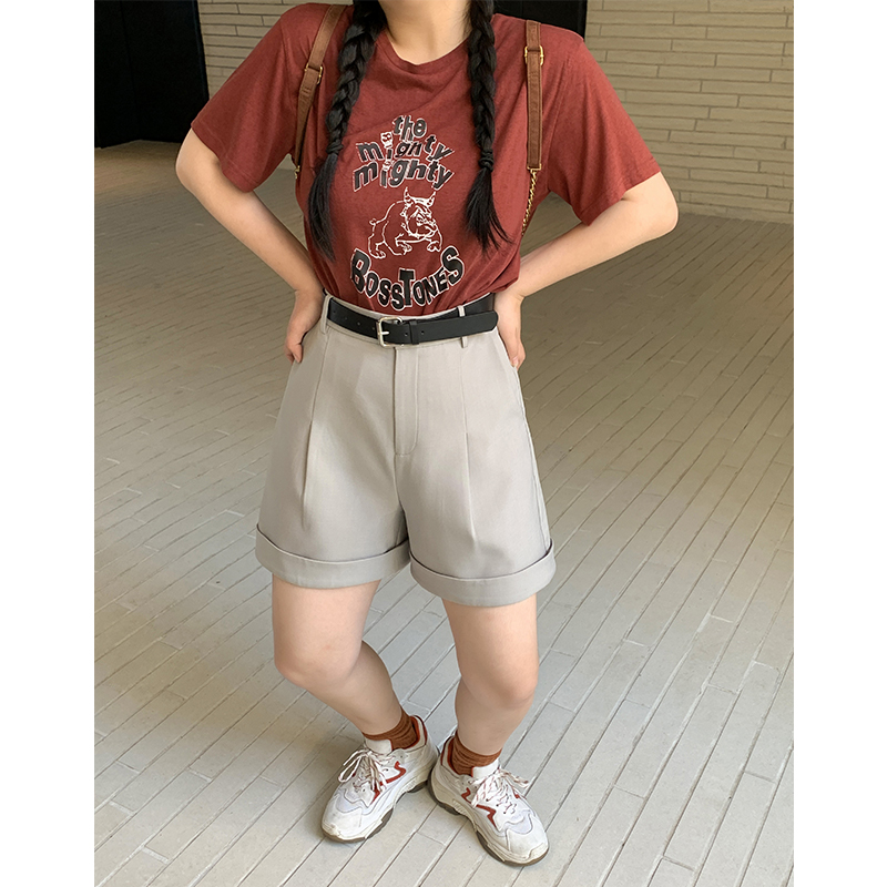 李潇洒微胖mm热带度假风翻边休闲短裤女夏装大码宽松遮肉西装短裤