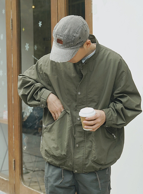 REBIRTH双口袋立领工装夹克外衣军绿色拉链春秋夏款宽松M65男外套