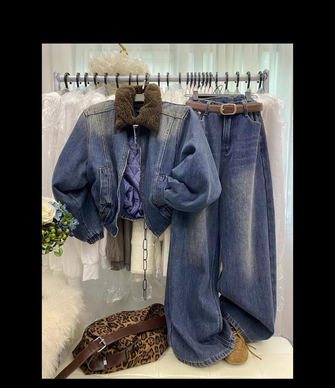 韩版时尚复古羊羔毛翻领牛仔夹棉外套高腰显瘦加绒阔腿裤两件套女