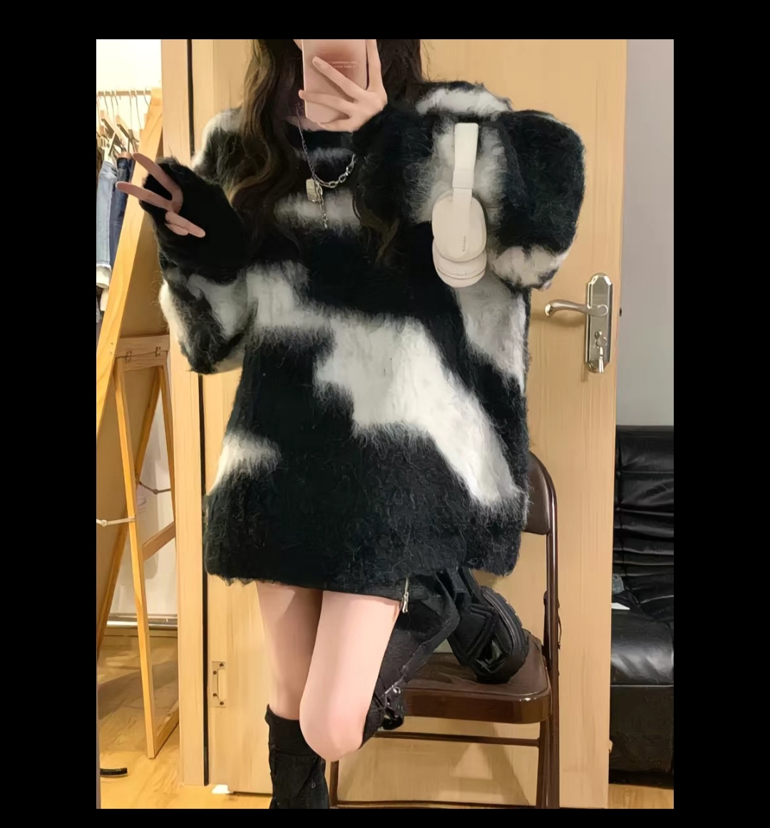 复古条纹毛衣女秋冬新款宽松慵懒风软糯针织衫上衣