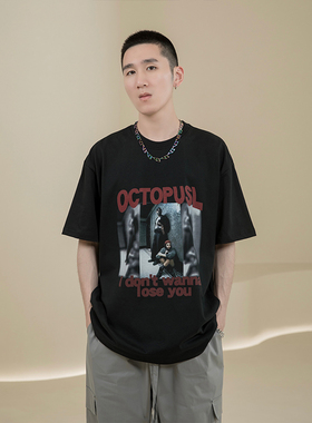 烦恼的Octopusl国潮美式人物印花做旧短袖重磅纯棉圆领宽松T恤男