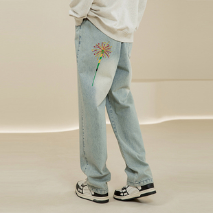 直筒水洗蓝色宽松百搭长裤 烟花刺绣牛仔裤 子男 Octopusl美式 烦恼