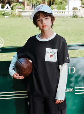 FILA X HARVARD哈佛联名儿童长袖T恤男童2025秋季新款中大童上衣