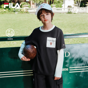 新款 FILA T恤男童2025秋季 HARVARD哈佛联名儿童长袖 中大童上衣
