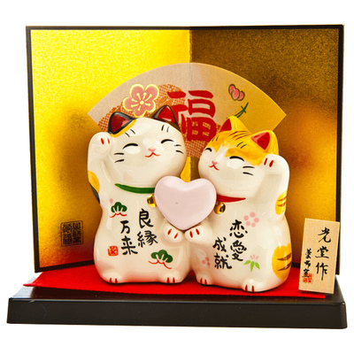 日本药师窑良缘成就招财猫摆件套装结婚恋爱礼物装饰品可爱办公桌