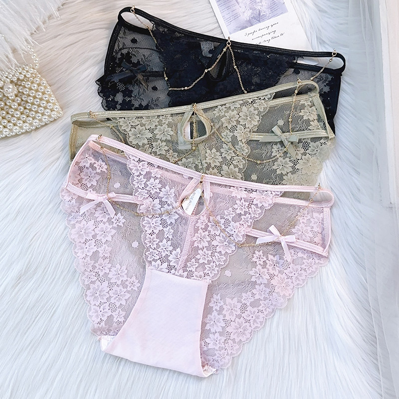 细带链条性感纯欲黑色蕾丝三角裤中低腰网纱透气棉档女士内裤,女士内衣/男士内衣/家居服,女三角裤,淘宝优惠券,粉丝福利购,淘宝优惠卷