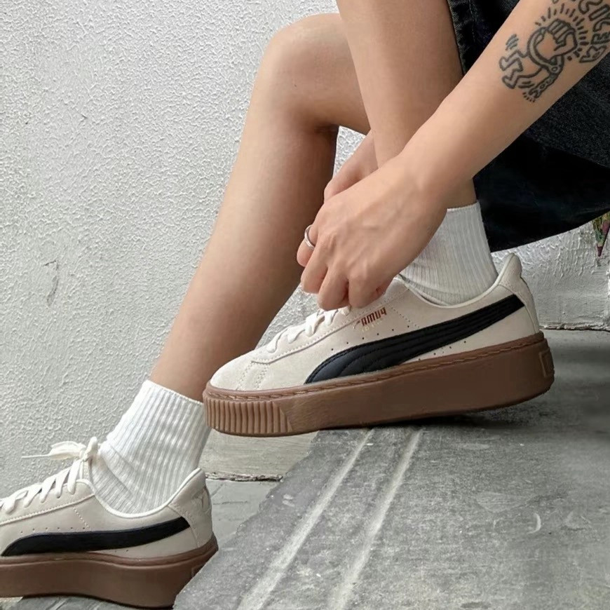 PUMA彪马 蕾哈娜板鞋女 白棕增高翻毛皮厚底松糕鞋休闲板鞋363559