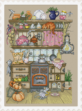 弹弹十字绣 D1337猫咪厨房 自配DMC/R线十字绣套件 非印花