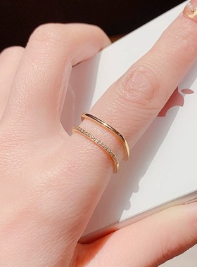 S925纯银镀14K金双层开口戒指女 级感镶钻气质可调节食指戒指环