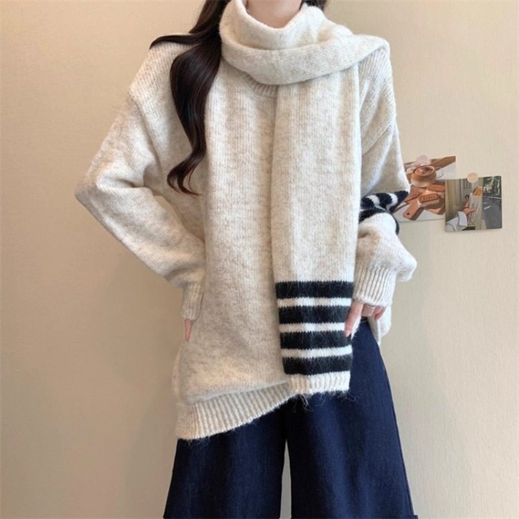 奶呼呼围巾毛衣女春秋2025大码胖mm韩系宽松慵懒风上衣长袖针织衫,女装/女士精品,毛针织衫,淘宝优惠券,粉丝福利购,淘宝优惠卷