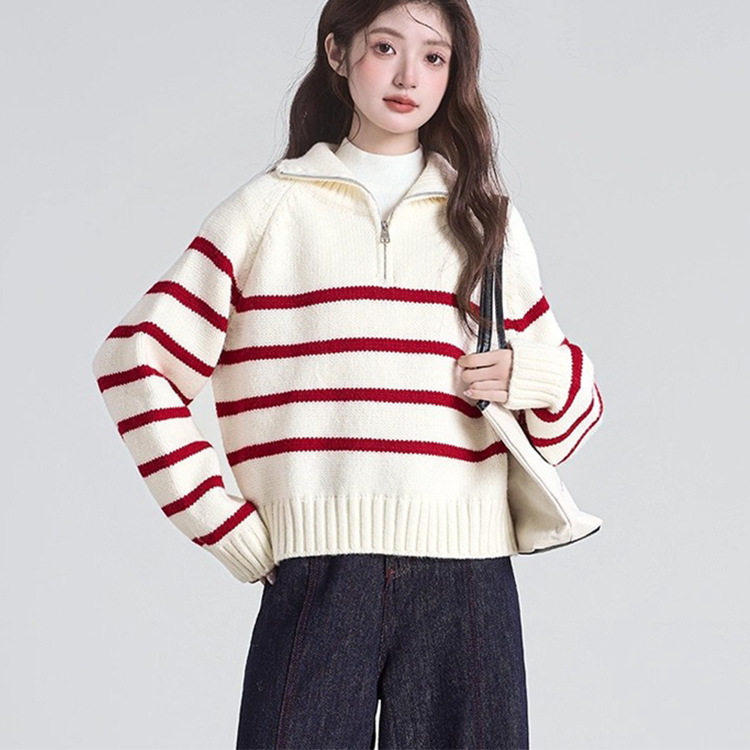 2025款大码半拉链条纹女式毛衣套头设计感高领宽松慵懒软糯针织衫,女装/女士精品,毛针织衫,淘宝优惠券,粉丝福利购,淘宝优惠卷