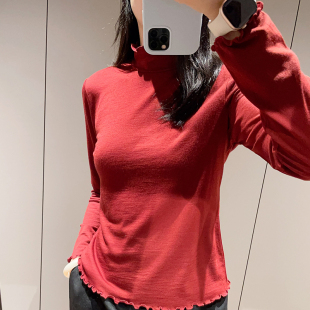 2025秋季新款砖红色木耳边半高领绵羊毛长袖打底衫洋气女针织上衣