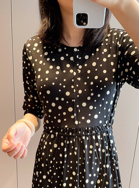 2025春夏新款42针真丝针织波点圆领套头女连衣裙时尚桑蚕丝中长裙