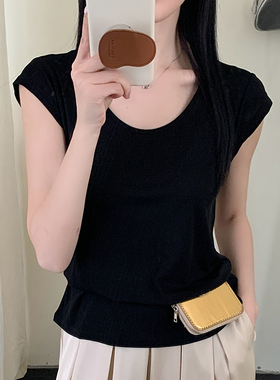 2025夏季新款真丝针织正肩U领短袖T恤显瘦桑蚕丝百搭气质打底上衣