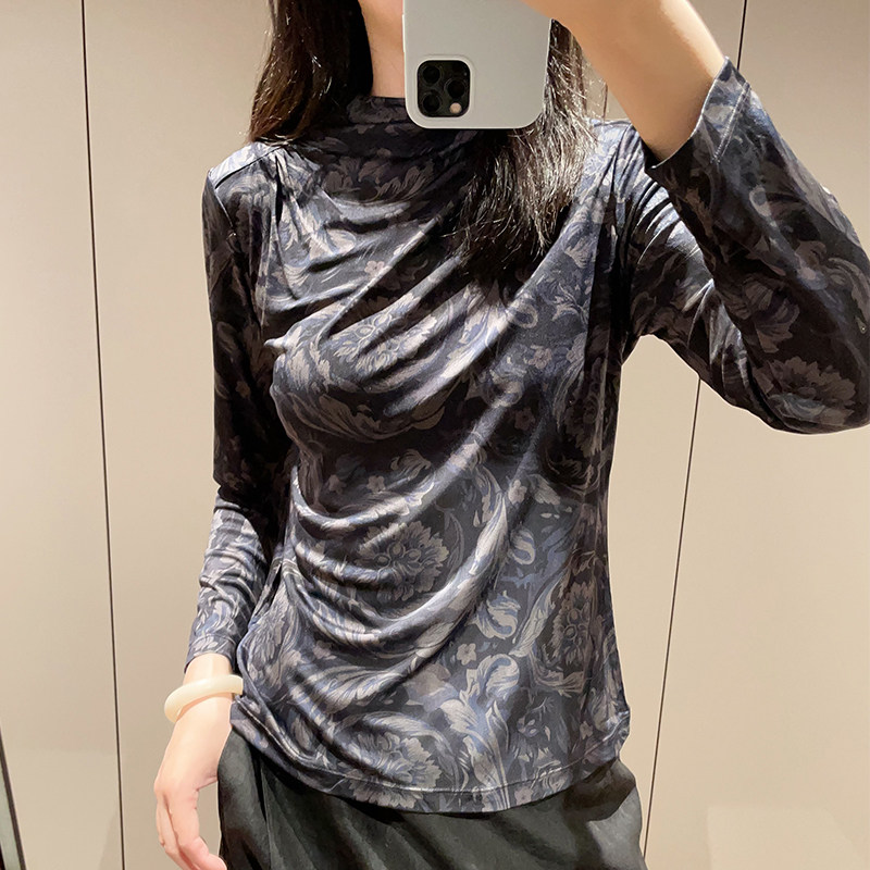 碳灰印花真丝针织长袖弹力上衣