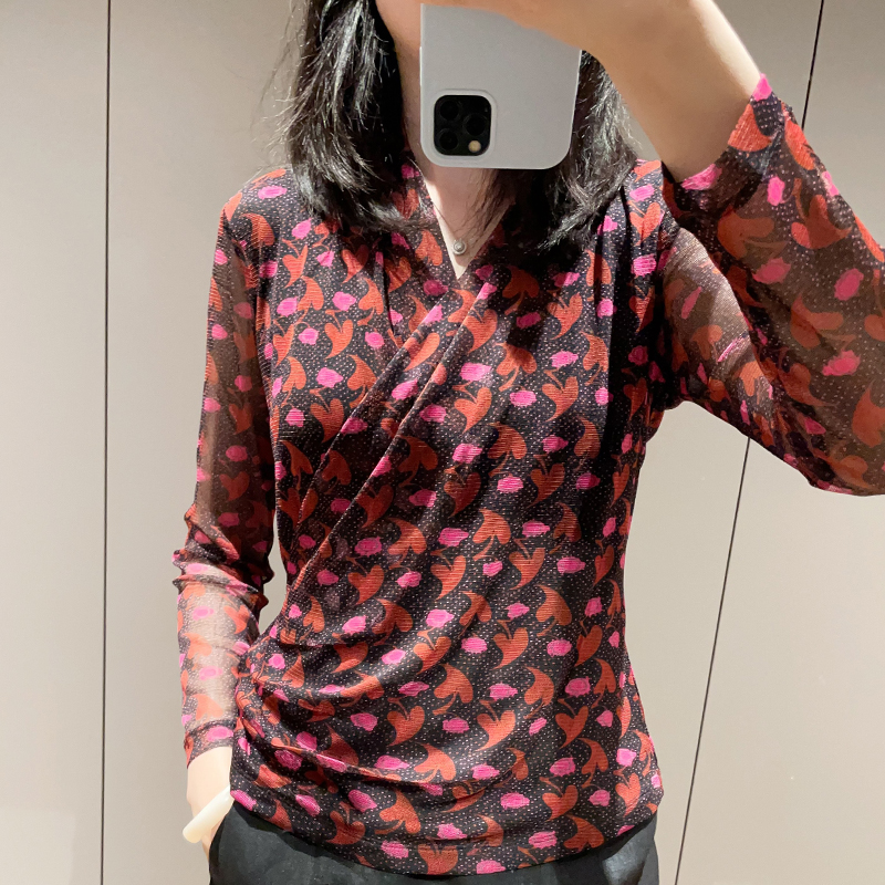 V领印花网纱真丝针织长袖上衣