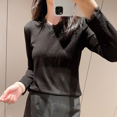 黑色蕾丝边V领薄款羊毛长袖上衣