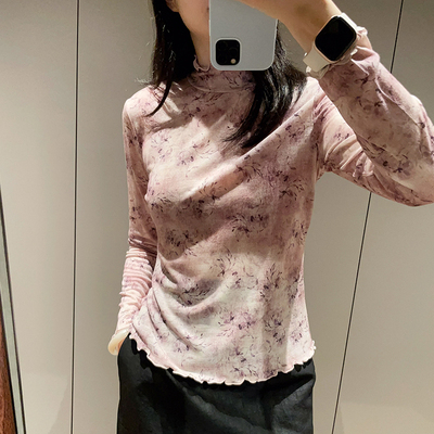 木耳边半高领印花绵羊毛针织衫