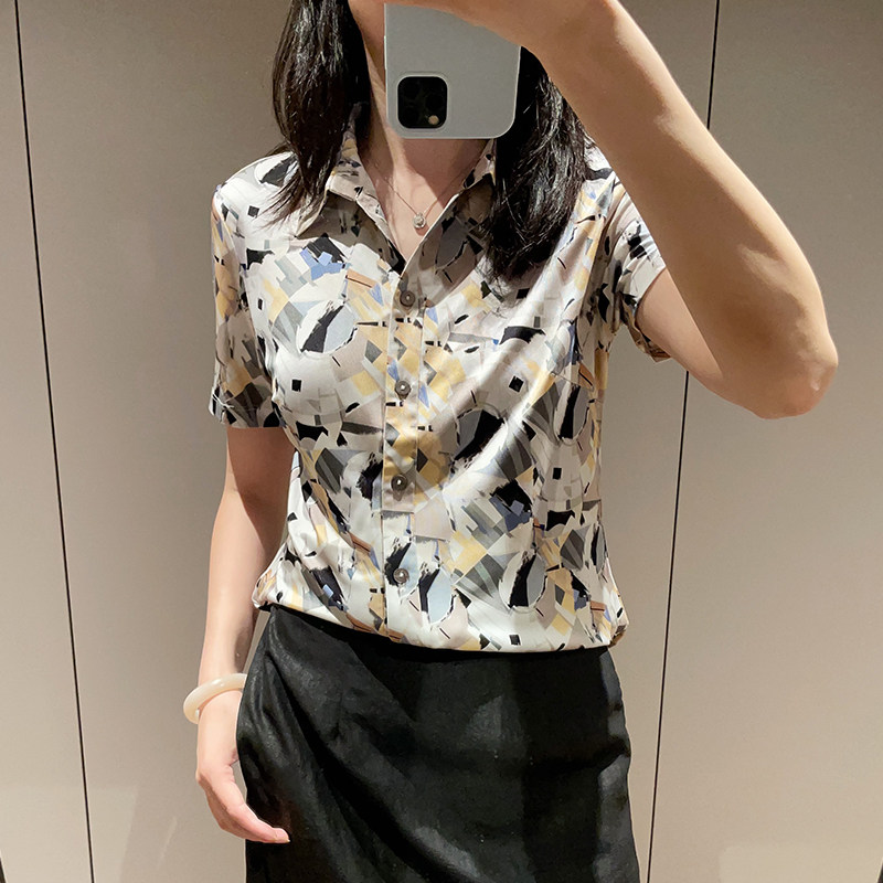 2025夏季女米黄色块真丝针织翻领短袖上衣桑蚕丝开衫气质显瘦T恤