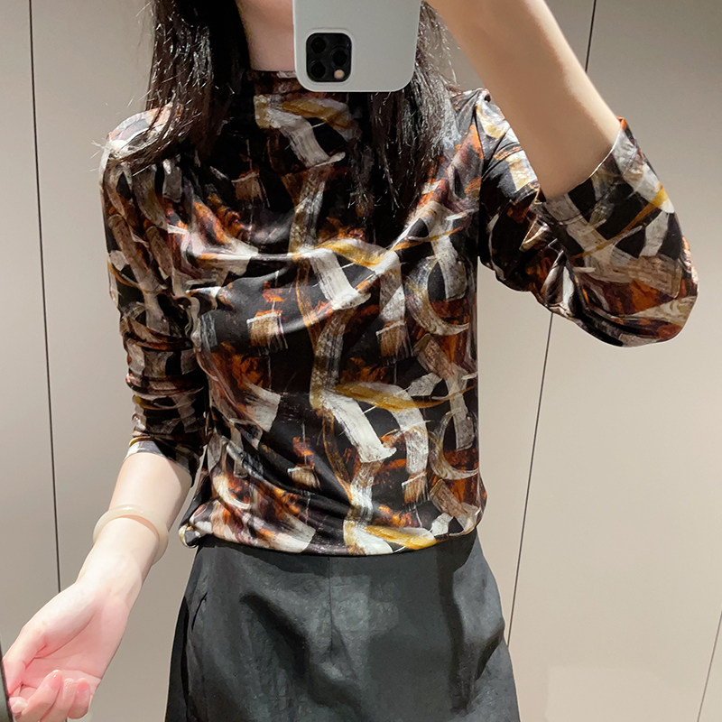 黑棕印花真丝针织弹力长袖上衣