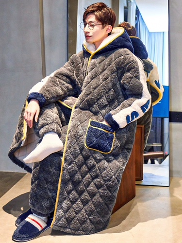 Демисезонная пижама, коралловое бархатное термобелье, стеганый флисовый длинный банный халат, комплект, увеличенная толщина, подходит для подростков