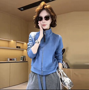 秋季立领蓝色休闲卫衣外套女新款百搭显瘦软糯保暖毛绒短款上衣潮