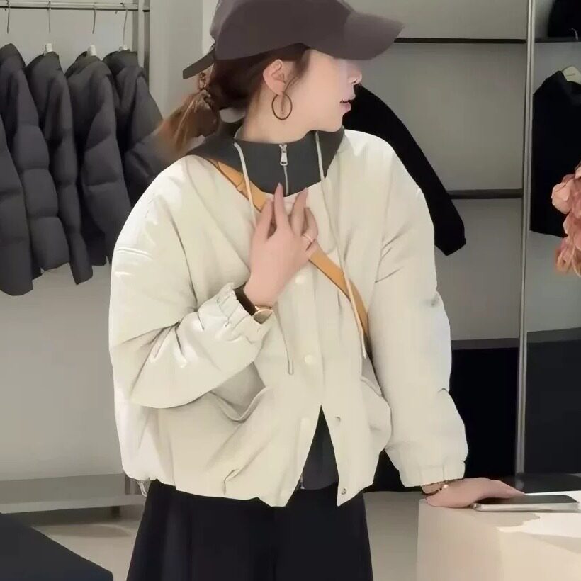 连帽短款假两件棉服外套女2026秋冬新款小个子宽松百搭显瘦棉衣潮