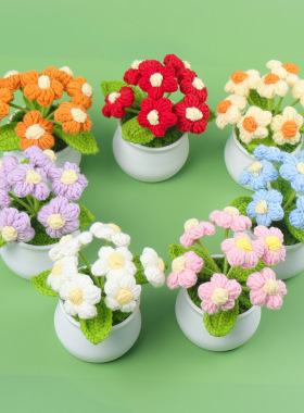 成品手工编织泡芙花盆栽家居摆件针织仿真花毛线钩织花束礼物摆摊