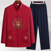 中式 唐装 汉服爷爷衣服 春秋款 中老年人爸爸装 男中国风冰丝长袖 套装