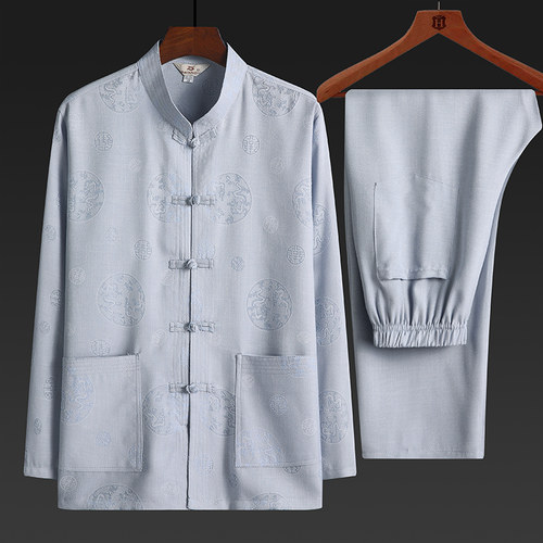 春秋棉麻唐装男长袖套装老年人汉服爸爸夏装爷爷居士服休闲衣服男