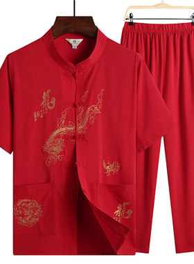 爸爸短袖唐装男套装老人中国风爷爷装夏季衣服中老年休闲大码汉服