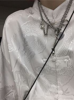 新中式太极国风盘扣网红衬衫男女汉服唐装冰丝国潮中山装龙袍睡衣