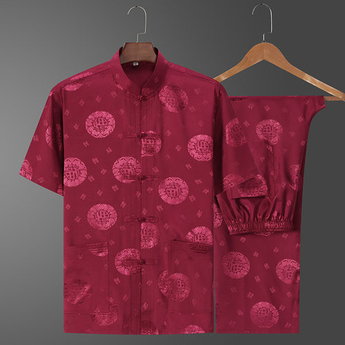老人唐装男冰丝短袖夏季中老年过寿生日衣服爷爷装中国风爸爸套装
