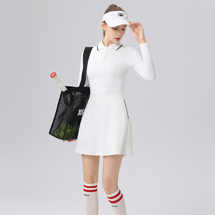 显瘦高尔夫网球服送短裤 网球服长袖 连衣裙polo领两侧口袋修身