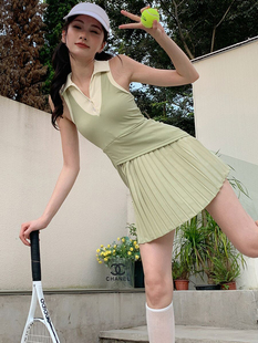 白色专业女运动网球裙连衣裙跑步速干羽毛球裙子防走光百褶裙套装