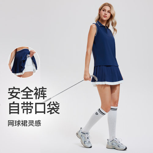 网球套装女翻领无袖高尔夫POLO衫新款羽毛球网球服速干运动两件套