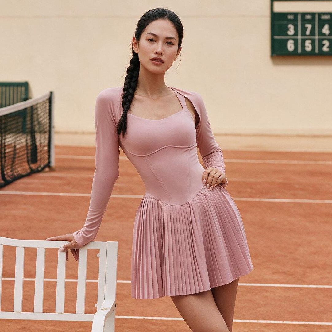 绝美网球裙女美背吊带百褶运动连衣裙秋季新款长袖网球服披肩套装图片