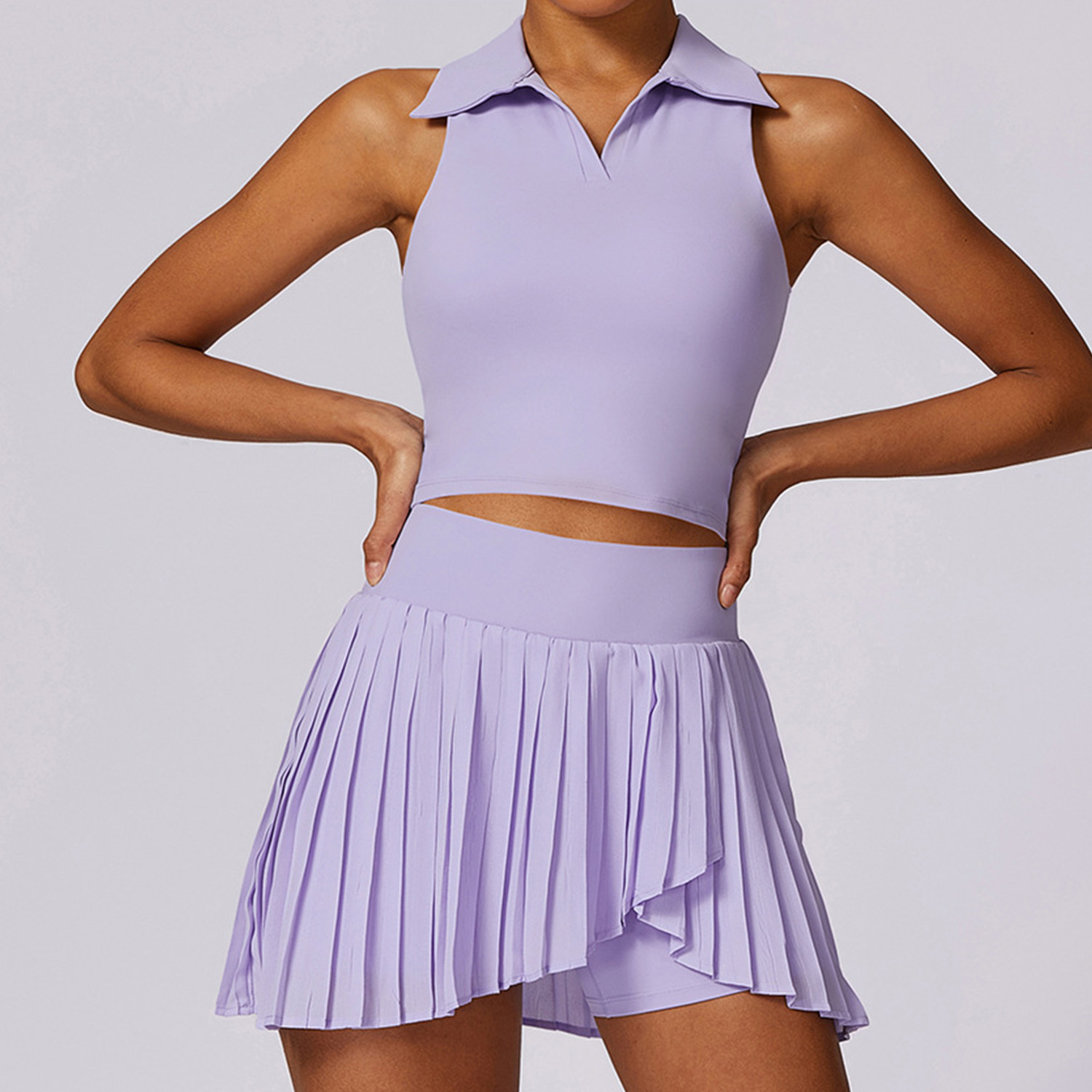 美式翻领网球服套装无袖上衣速干运动网球裙跑步透气健身服带胸垫
