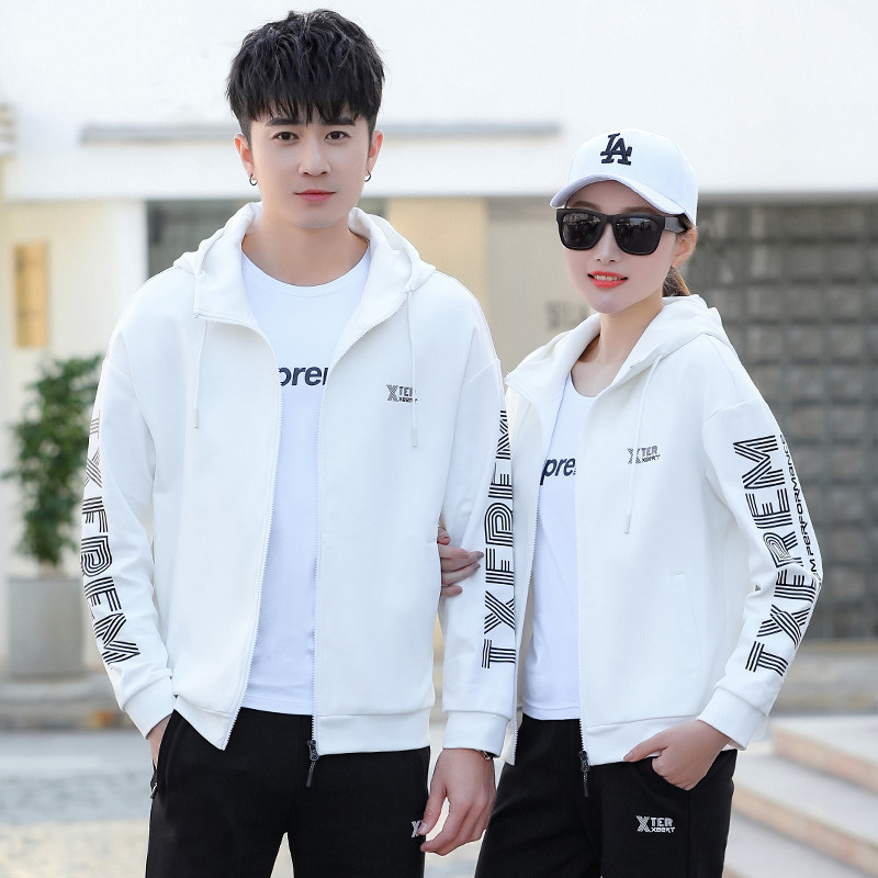 春秋新款时尚休闲纯棉运动套装男女长袖连帽卫衣情侣跑步服三件套