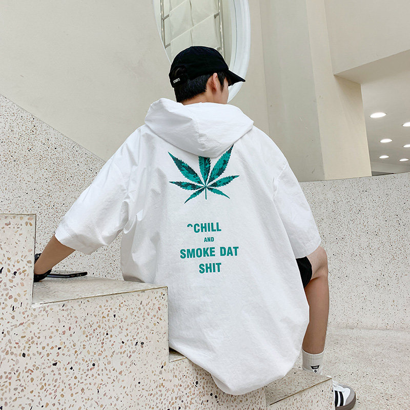 港风夏季情侣短袖树叶印花连帽男士半袖外套短袖T恤衫T55-P45,男装T恤,电商A020