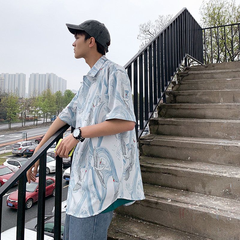 2025夏装港风时尚仙鹤印花潮男士短袖衬衫宽松大码衬衣CS17-P45,男装T恤,电商A020
