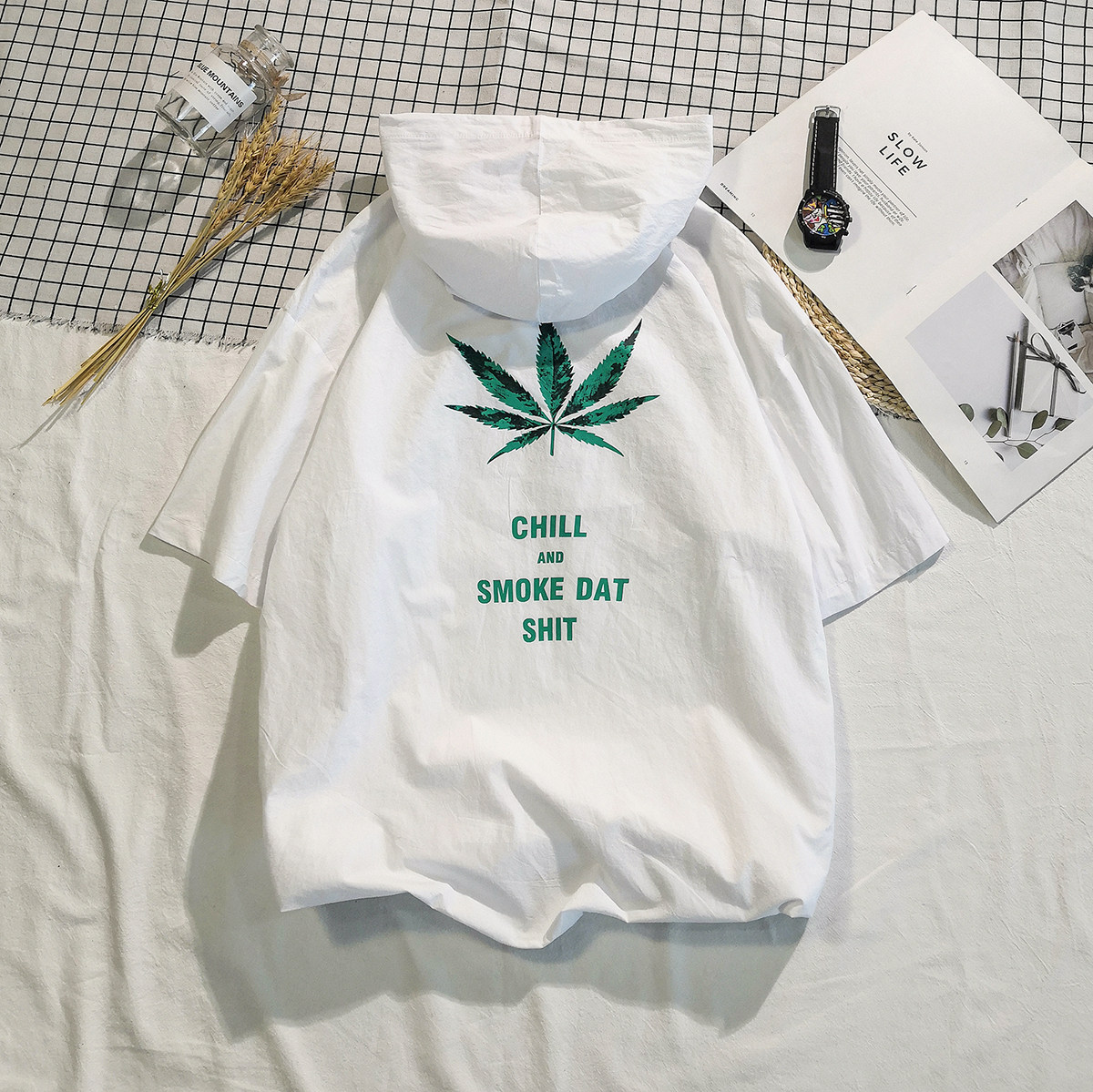 水泥地平铺情侣短袖树叶印花连帽男士半袖外套短袖T恤衫/T55-P45,男装T恤,电商A020