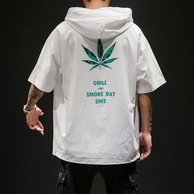 日系黑墙情侣短袖树叶印花连帽男士半袖外套短袖T恤衫/T55-P45，男装T恤，电商A020