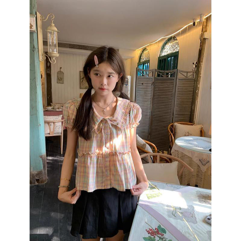 学院风格纹短袖娃娃领衬衫女2026夏季设计感小众甜美宽松显瘦上衣