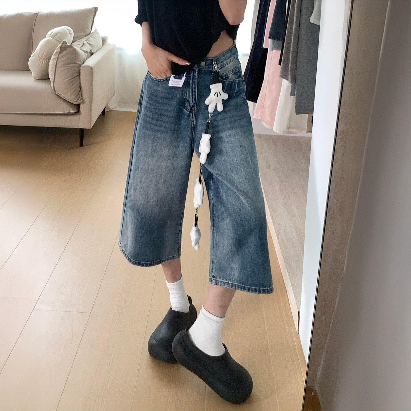 梨型身材蓝色七分牛仔短裤女春季新款胖mm高腰宽松显瘦阔腿裤